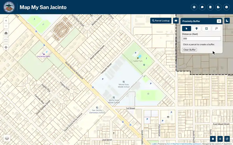 A 300-foot proximity buffer around a school parcel in Map My San Jacinto, then the Avery mailing labels with private owners blurred and public agencies readable, then the printable site map with the 300-foot radius.