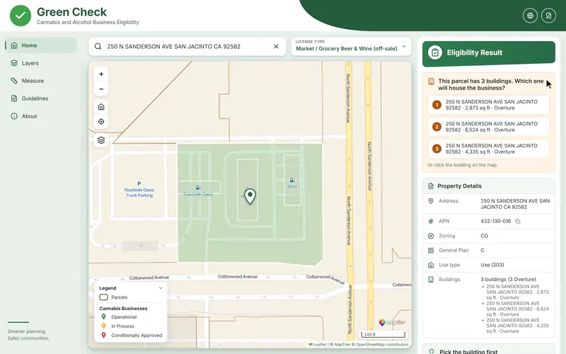 Green Check at a commercial parcel with three buildings: hovering two rows of the list highlights their buildings on the map, hovering the largest building on the map highlights its row, then that building is chosen and the verdict reads Eligible.