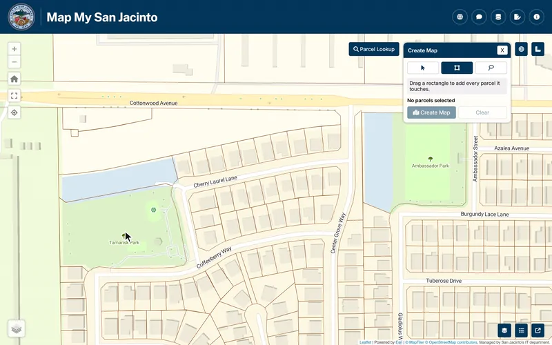 Create Map in Map My San Jacinto: a rectangle drag picks three City-owned parcels, Create Map builds the exhibit, a hatch fill and the Planning template are applied, and the sheet scrolls to its title block with the City seal.
