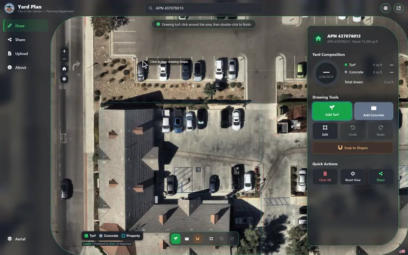 Drawing in Yard Plan’s dark mode: four corners trace a turf strip, then a concrete area whose corner snaps to the turf’s corner, and the panel tallies 1,914 square feet of turf, 3,544 of concrete and 65 percent concrete.