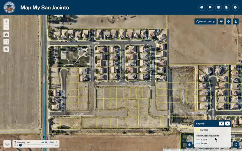 Map layers in Map My San Jacinto: a neighborhood on its 2014 aerial imagery with no layer on, then Zoning is turned on from the Layer List and the legend lists the three zones in view, then the imagery slider is dragged from 2014 to 2026 as the empty lots fill with homes.