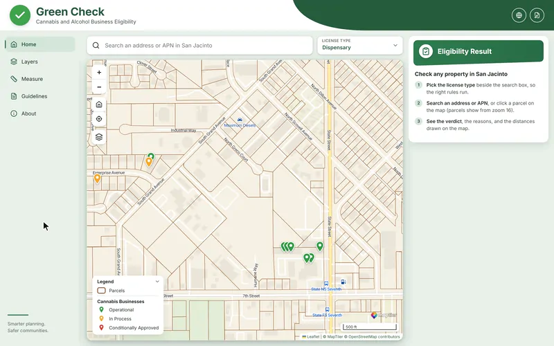 Green Check: Manufacturing is picked as the license type, a misspelled address is typed, the corrected suggestion for an industrial parcel is chosen, and the verdict reads Eligible with every requirement met.