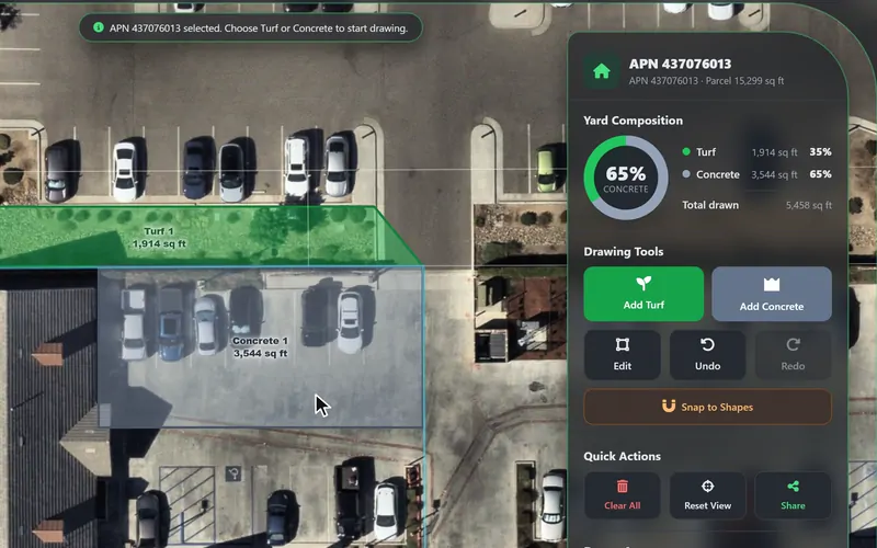 Close-up of Yard Plan’s Download and Share panel in dark mode: PDF report, GeoJSON, Copy Link and Print, then Copy Link and the confirmation that the shareable link was copied.