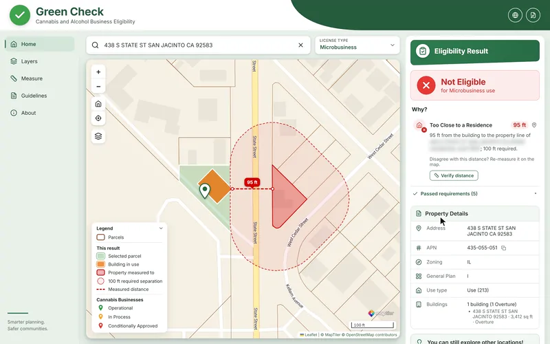 Verifying a distance in Green Check: from Not Eligible at 95 feet, the line’s far endpoint is dragged to the property line, the distance reads 101 feet, and after Complete the verdict changes to Eligible.